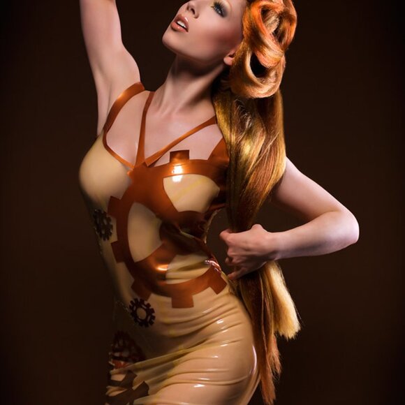 REAL LATEX by DAWNAMATRIX Steampunk Gear Print Dress Sz S - Picture 2 of 12